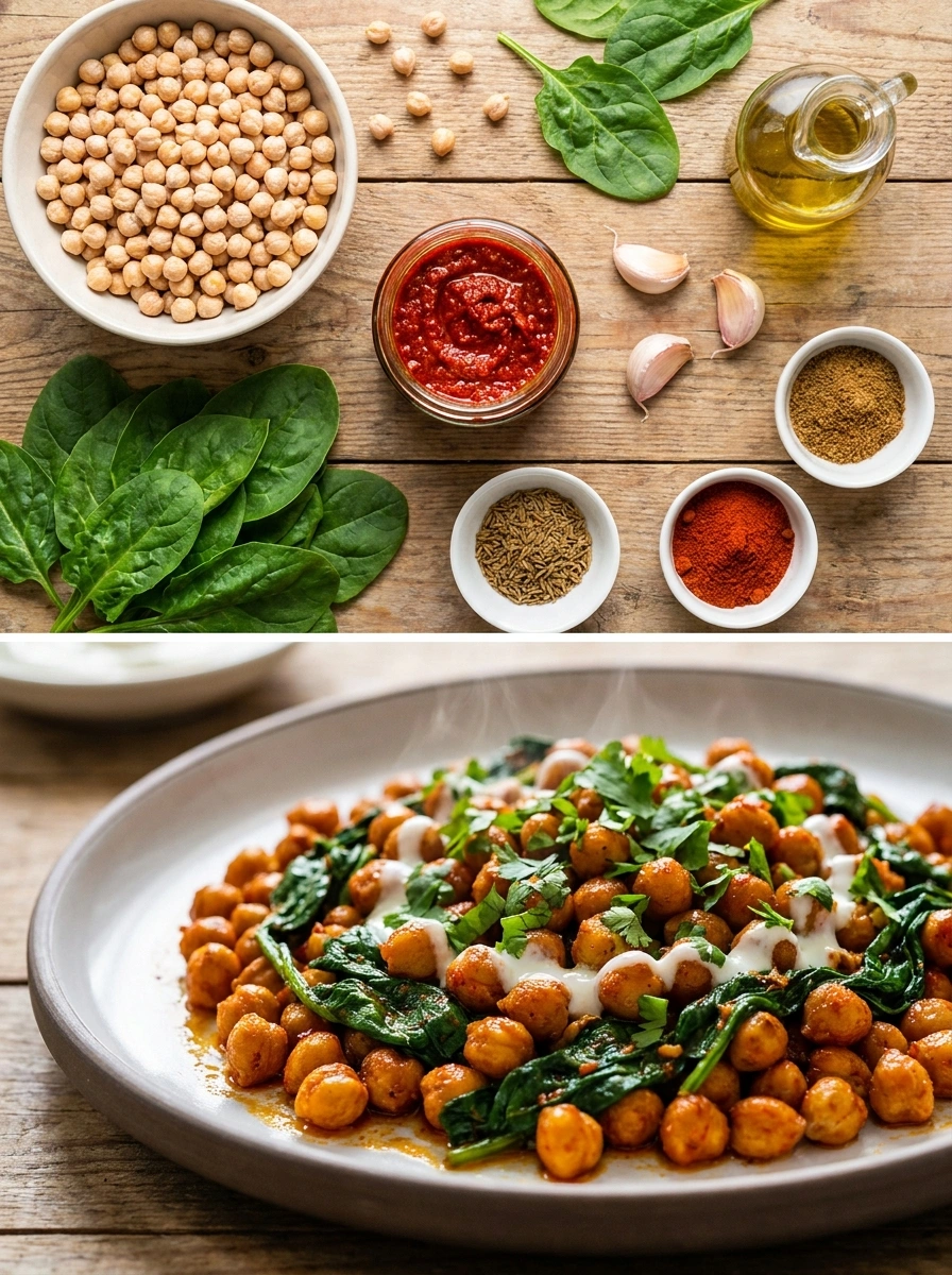 Harissa Roasted Chickpeas & Spinach - traditionellt Marocko Vegetariska recept recept, perfekt till vardagsmiddag